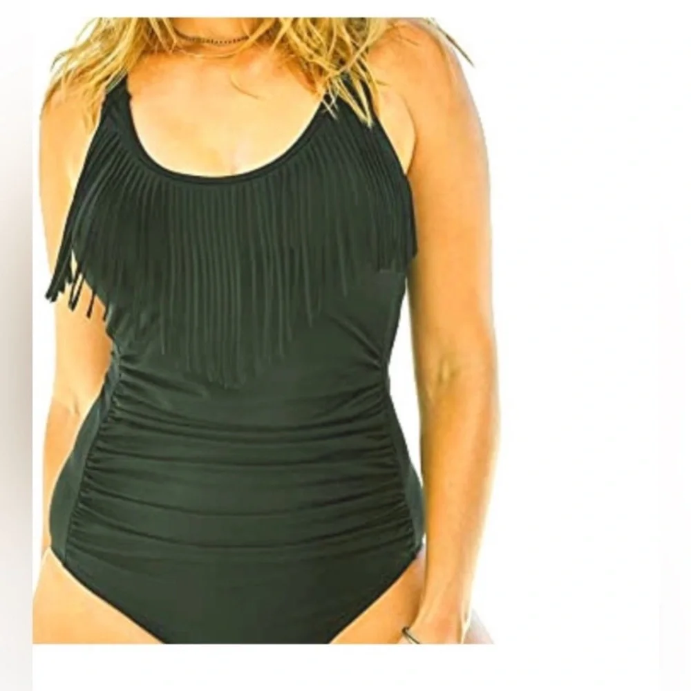 New Fringe Trim Ruched Black One Piece Swimsuits For All Plus Size 16